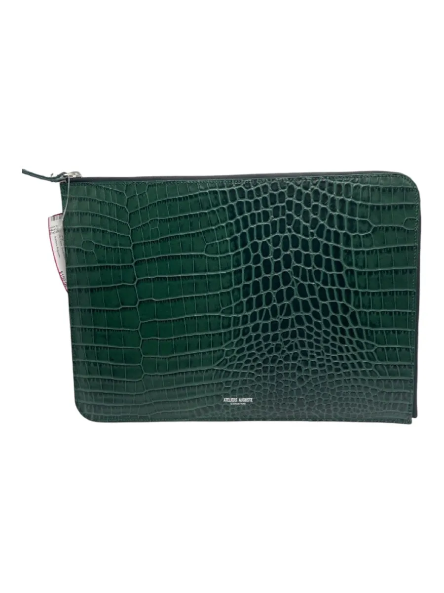 Ateliers Auguste Green Leather Croc Embossed Zip Close Clutch