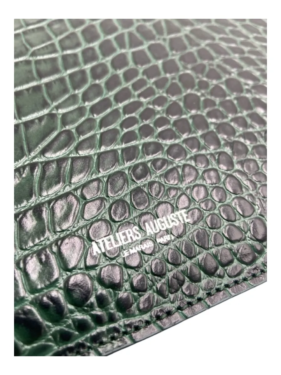 Ateliers Auguste Green Leather Croc Embossed Zip Close Clutch