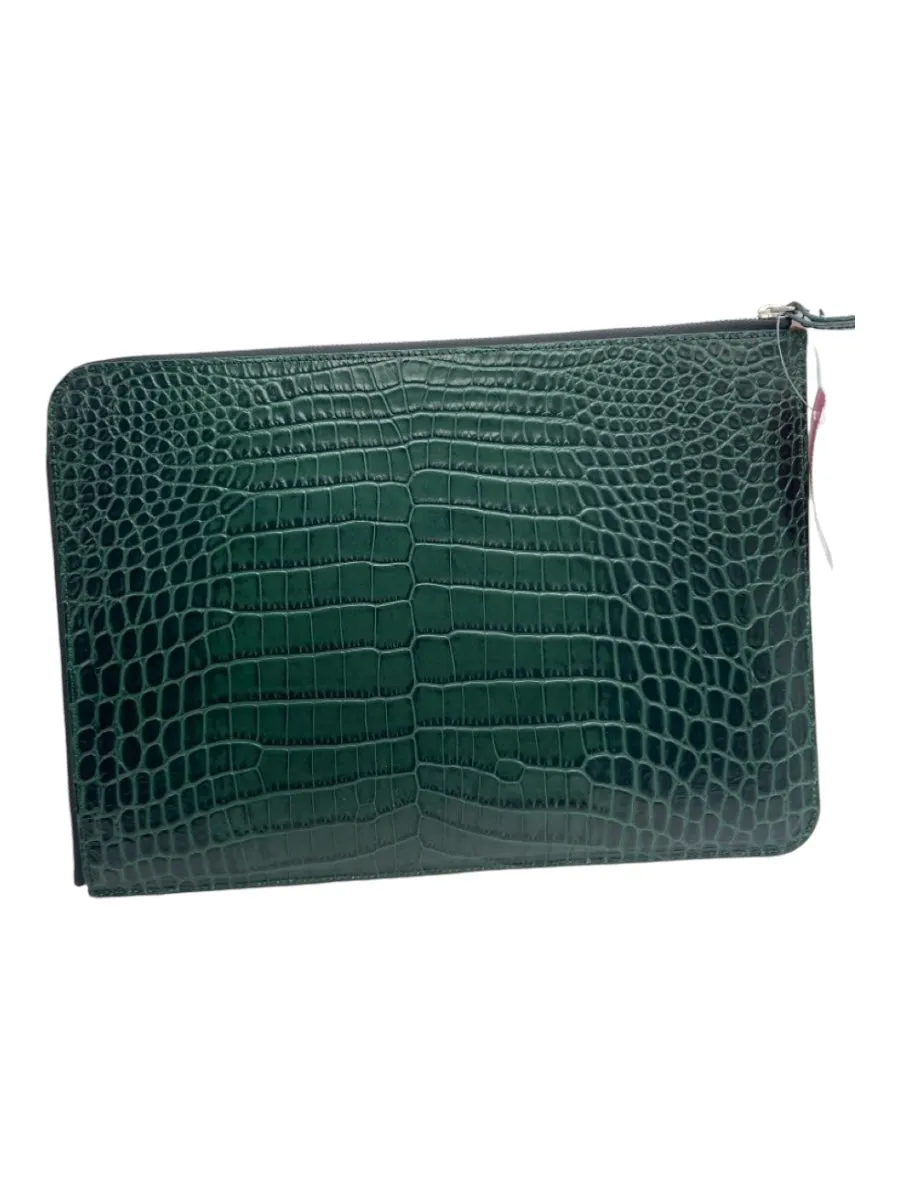 Ateliers Auguste Green Leather Croc Embossed Zip Close Clutch