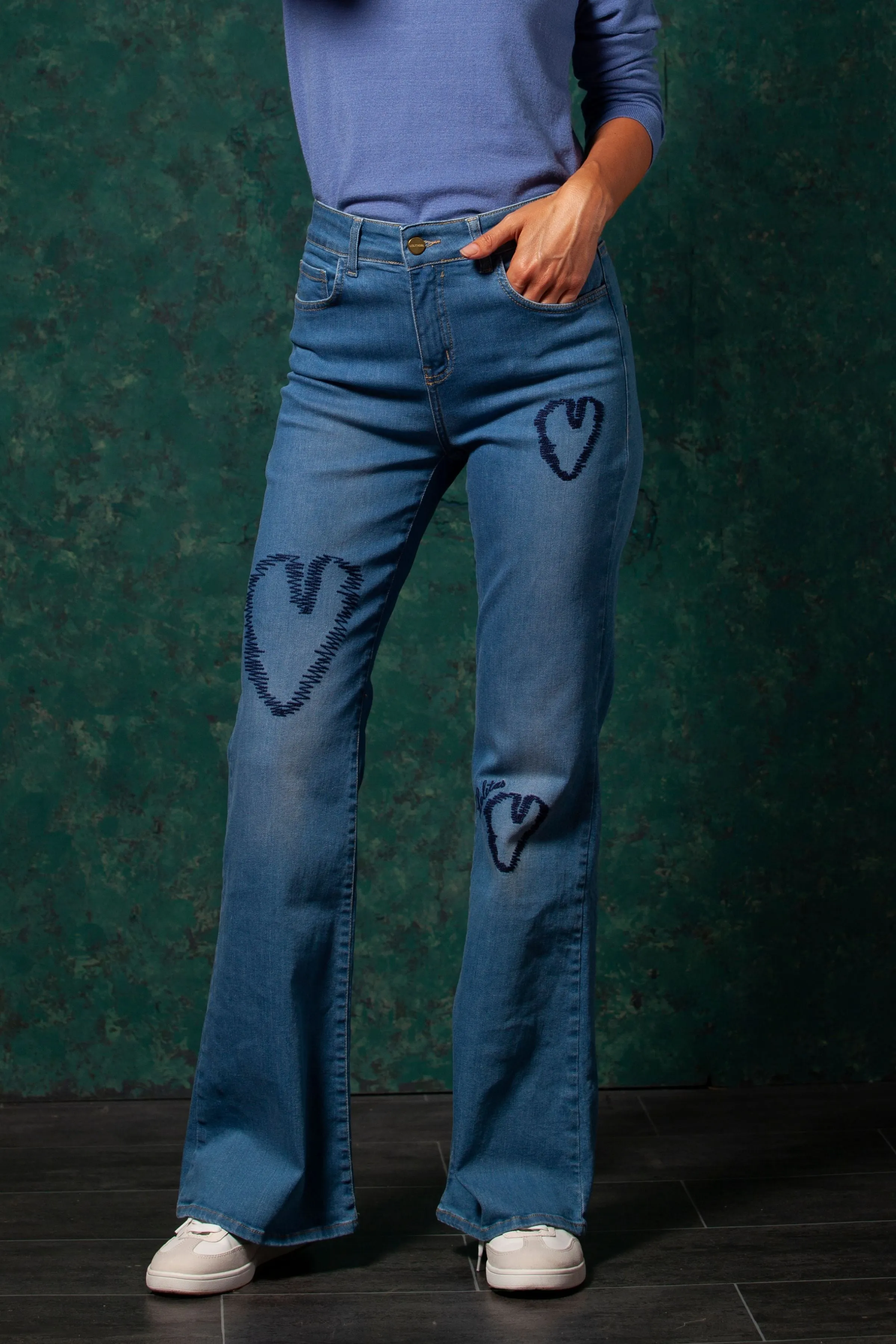 Blue Heart-Embroidered Jeans with Five Pockets by LolitasyL