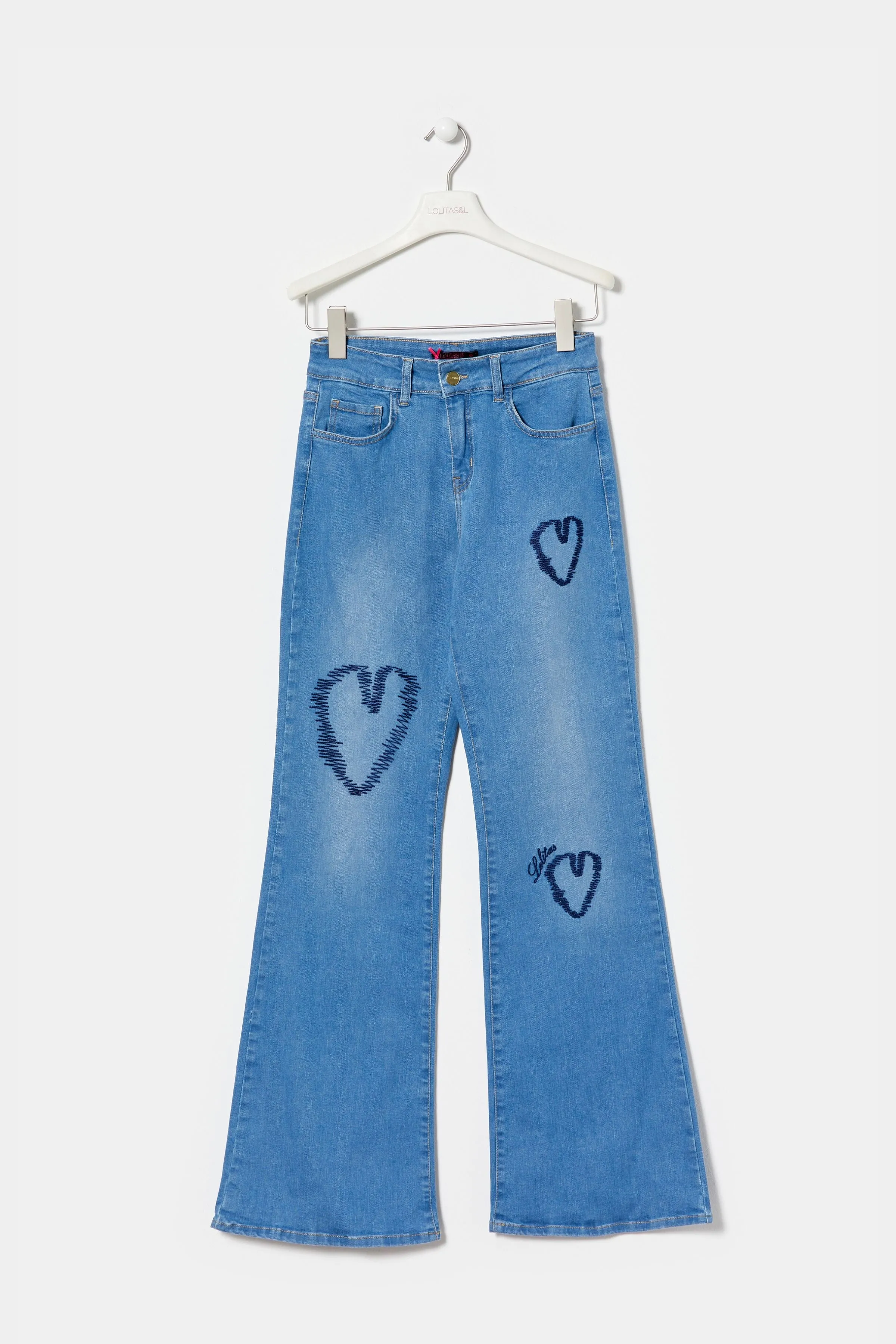 Blue Heart-Embroidered Jeans with Five Pockets by LolitasyL