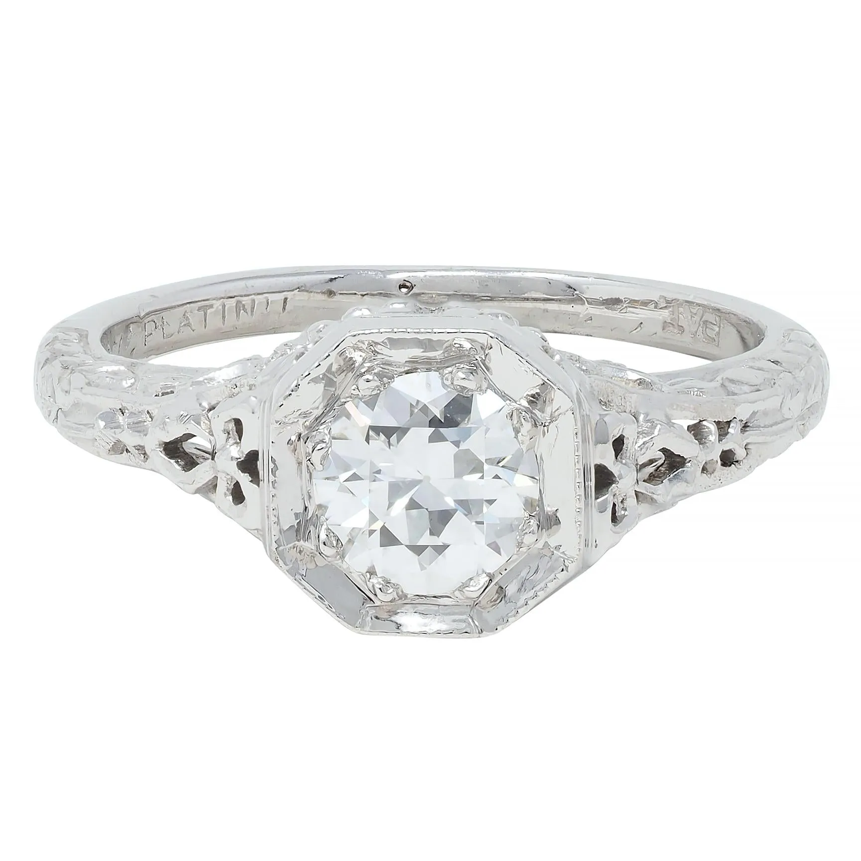 Edwardian Platinum Antique Bow Basket Engagement Ring with 0.45 CTW Old European Diamond