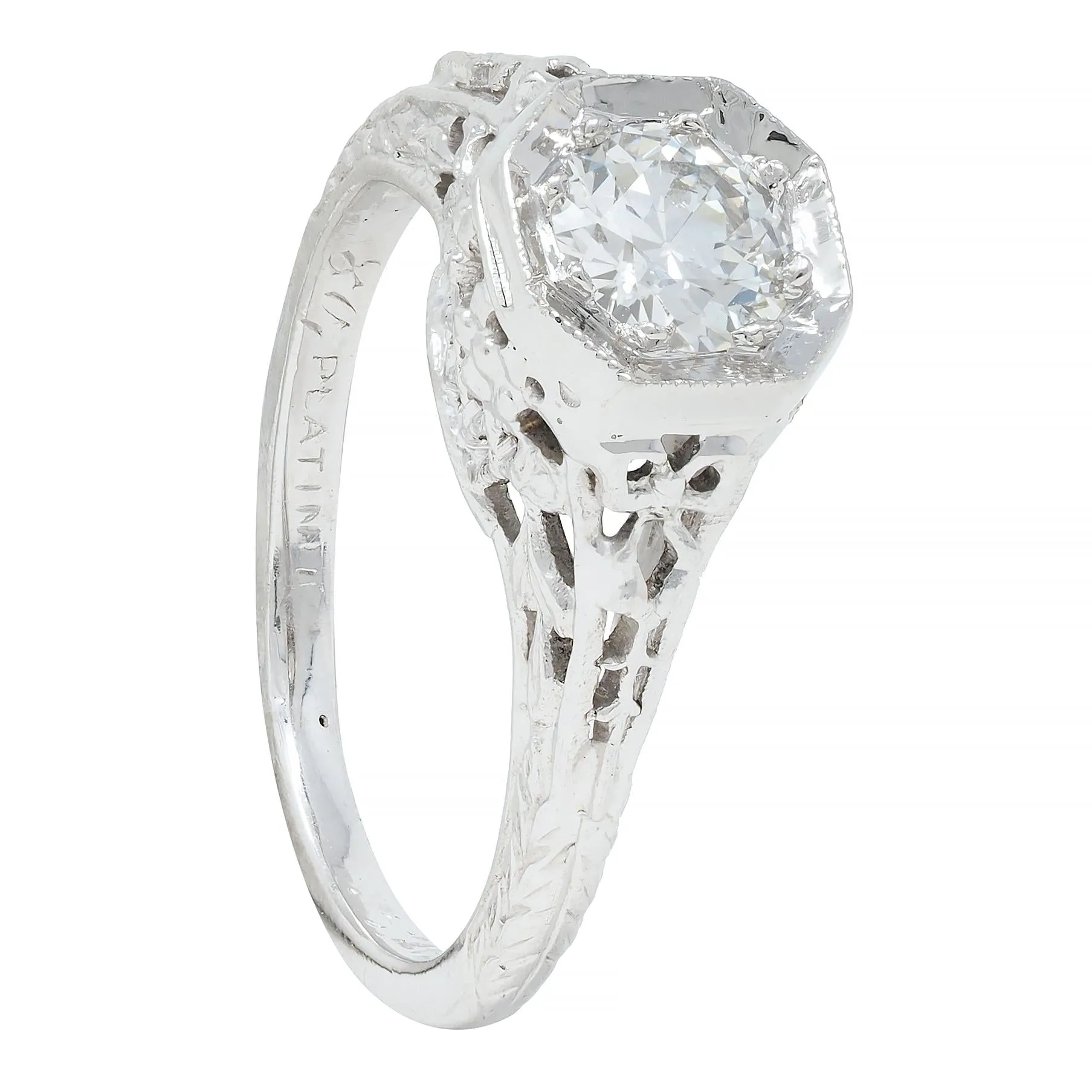 Edwardian Platinum Antique Bow Basket Engagement Ring with 0.45 CTW Old European Diamond