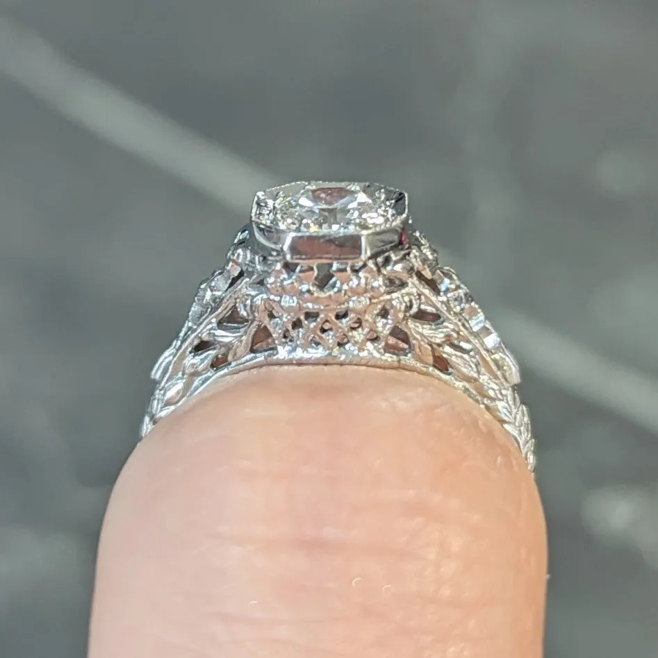 Edwardian Platinum Antique Bow Basket Engagement Ring with 0.45 CTW Old European Diamond