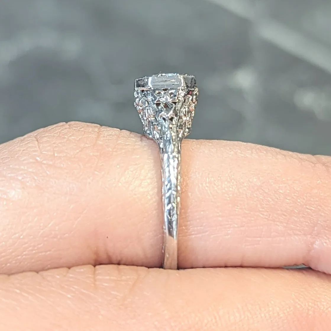 Edwardian Platinum Antique Bow Basket Engagement Ring with 0.45 CTW Old European Diamond