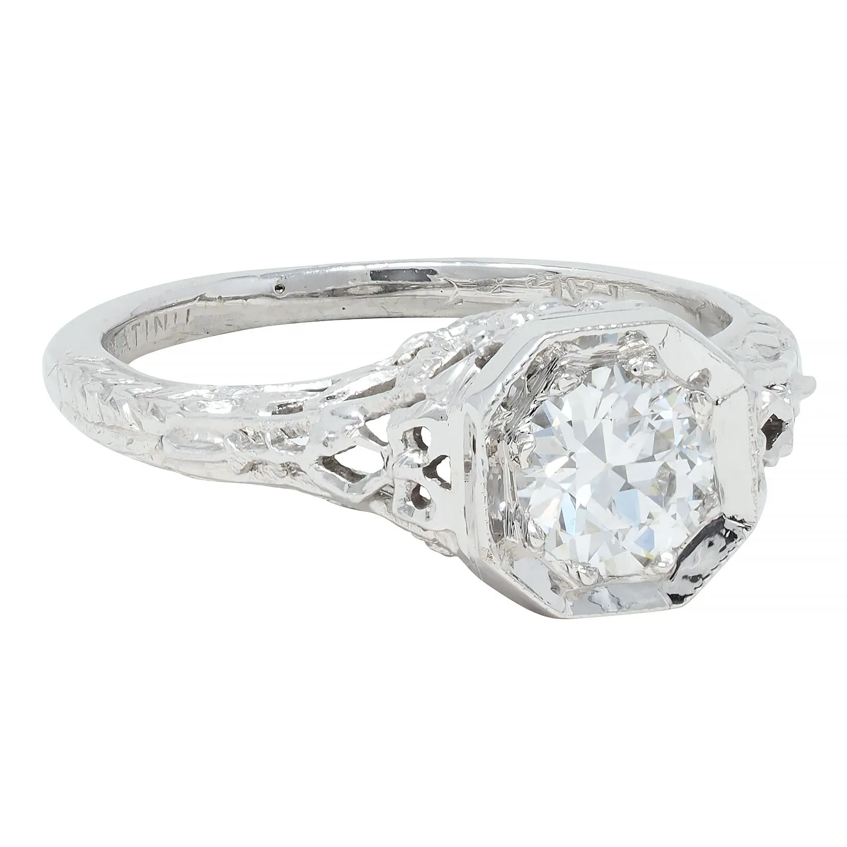 Edwardian Platinum Antique Bow Basket Engagement Ring with 0.45 CTW Old European Diamond