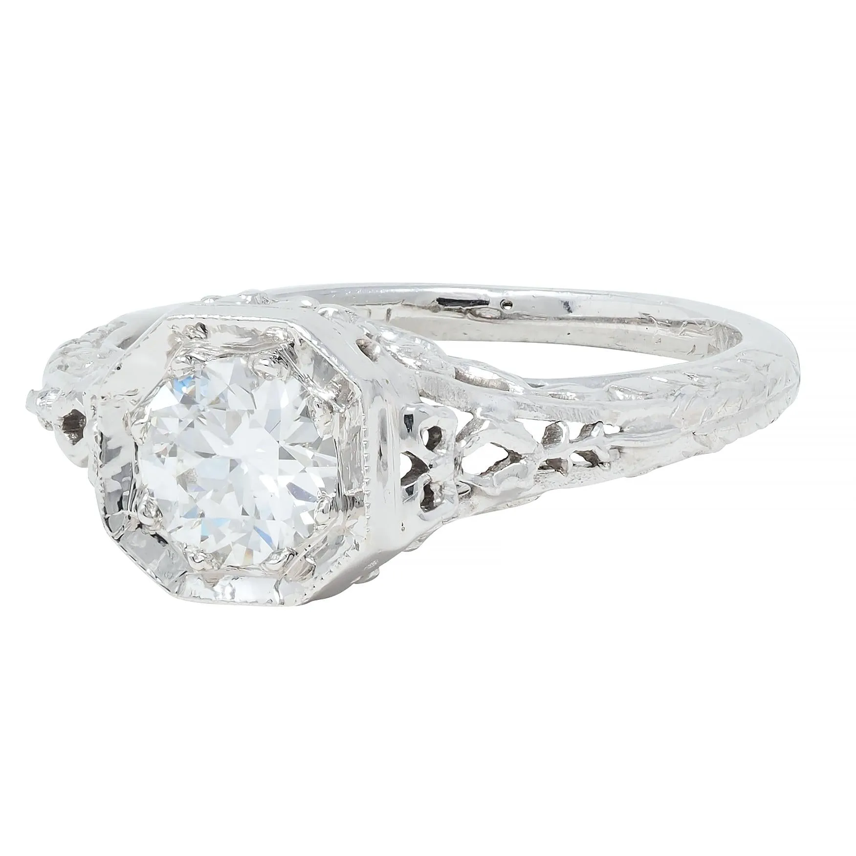 Edwardian Platinum Antique Bow Basket Engagement Ring with 0.45 CTW Old European Diamond