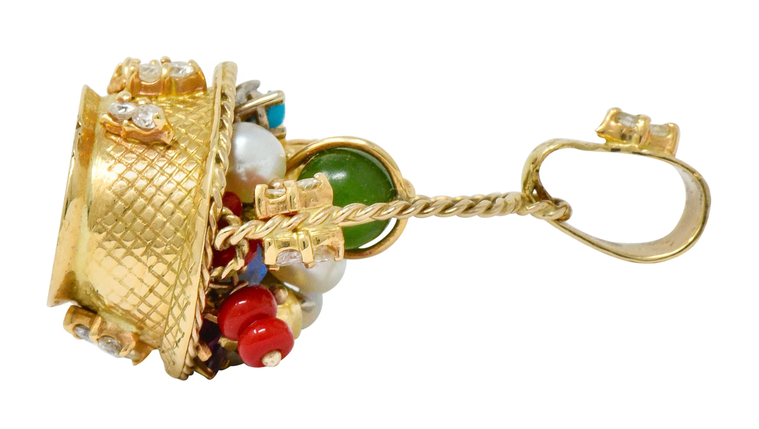 Retro 14 Karat Gold Fruit Basket Pendant Charm with Multi-Gem Diamond Sapphire Opal