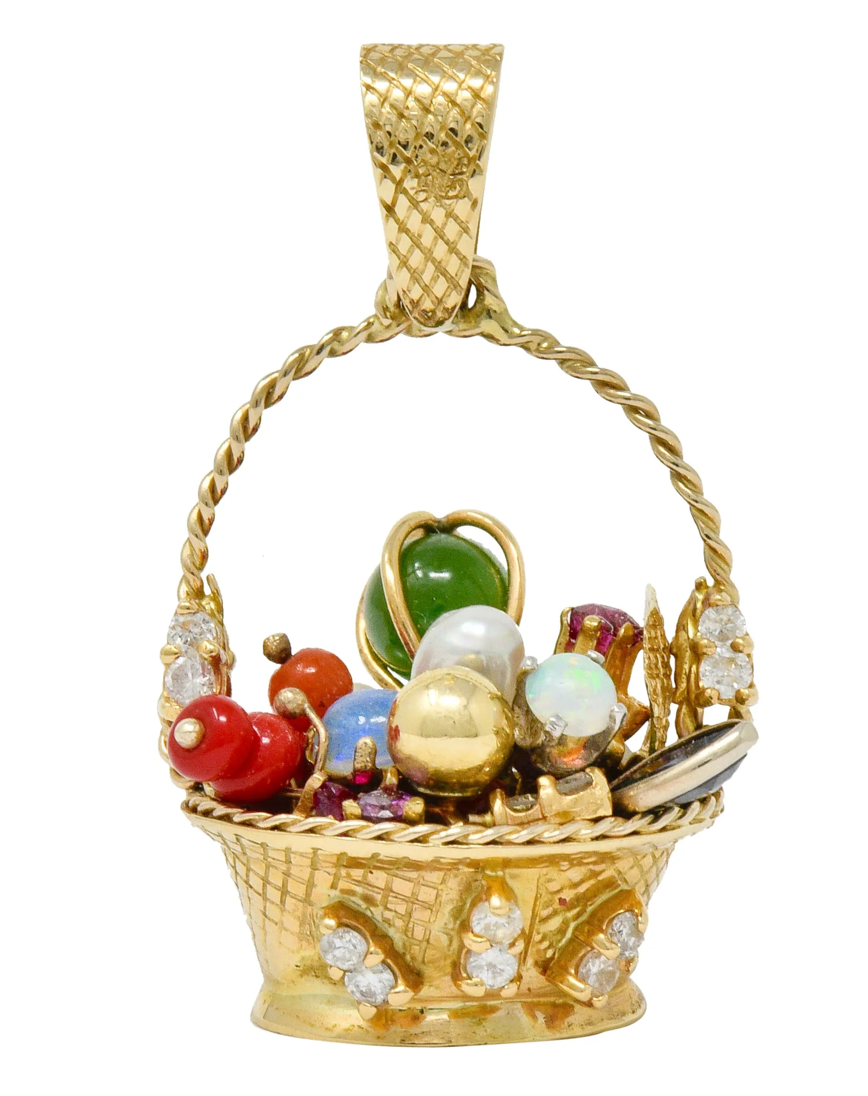 Retro 14 Karat Gold Fruit Basket Pendant Charm with Multi-Gem Diamond Sapphire Opal