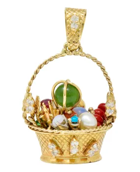 Retro 14 Karat Gold Fruit Basket Pendant Charm with Multi-Gem Diamond Sapphire Opal