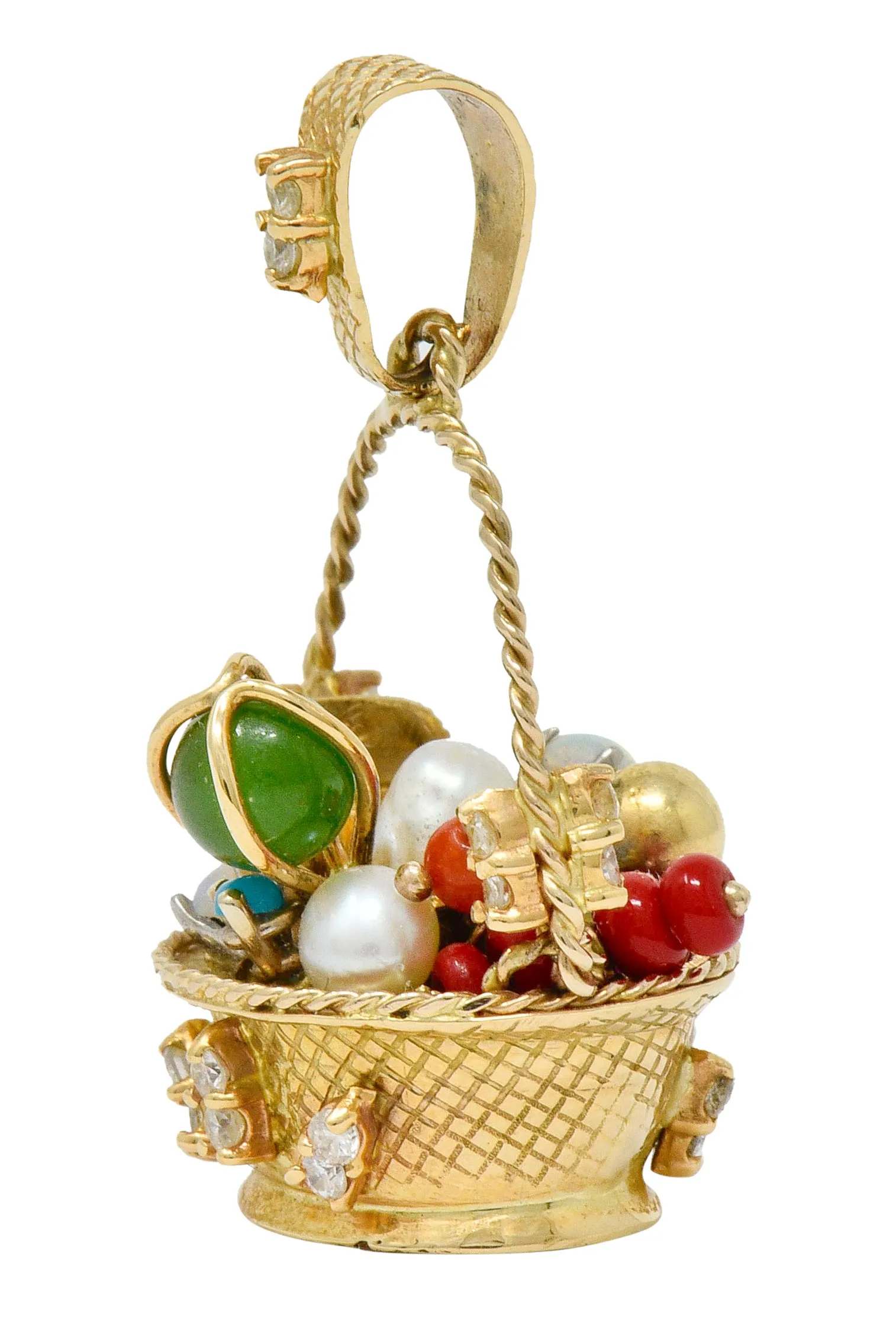 Retro 14 Karat Gold Fruit Basket Pendant Charm with Multi-Gem Diamond Sapphire Opal