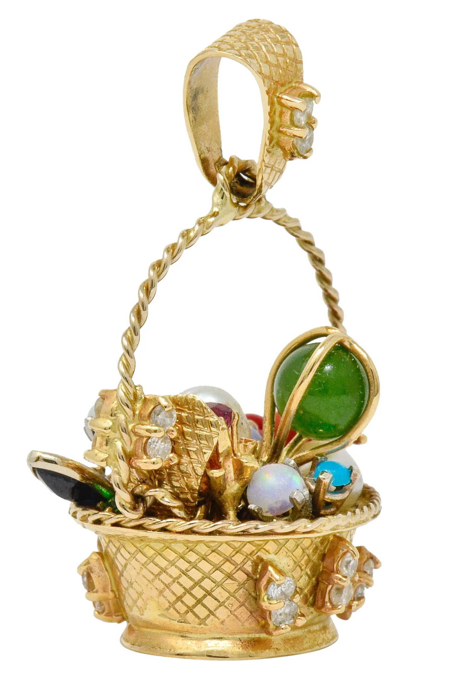 Retro 14 Karat Gold Fruit Basket Pendant Charm with Multi-Gem Diamond Sapphire Opal