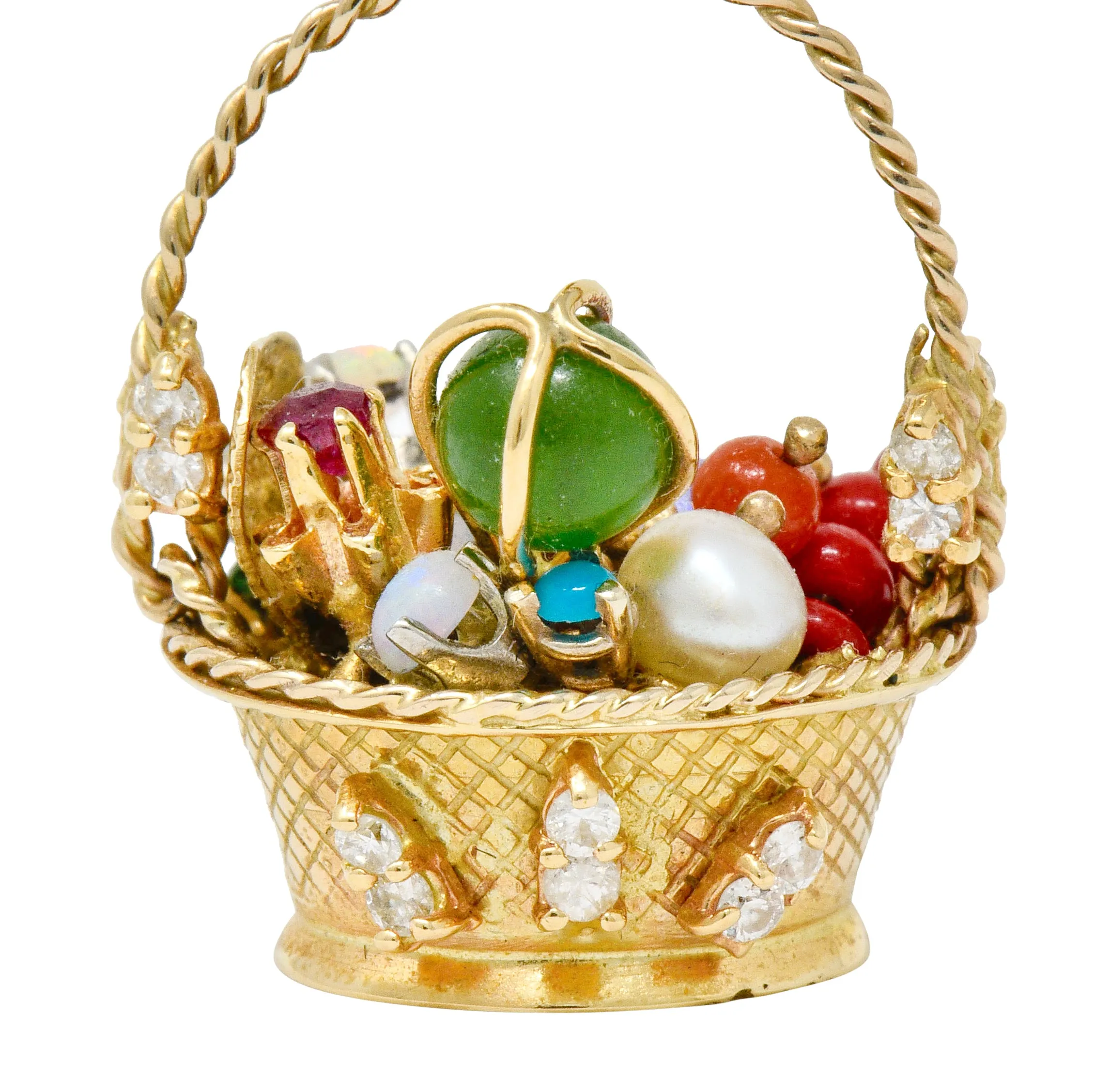 Retro 14 Karat Gold Fruit Basket Pendant Charm with Multi-Gem Diamond Sapphire Opal