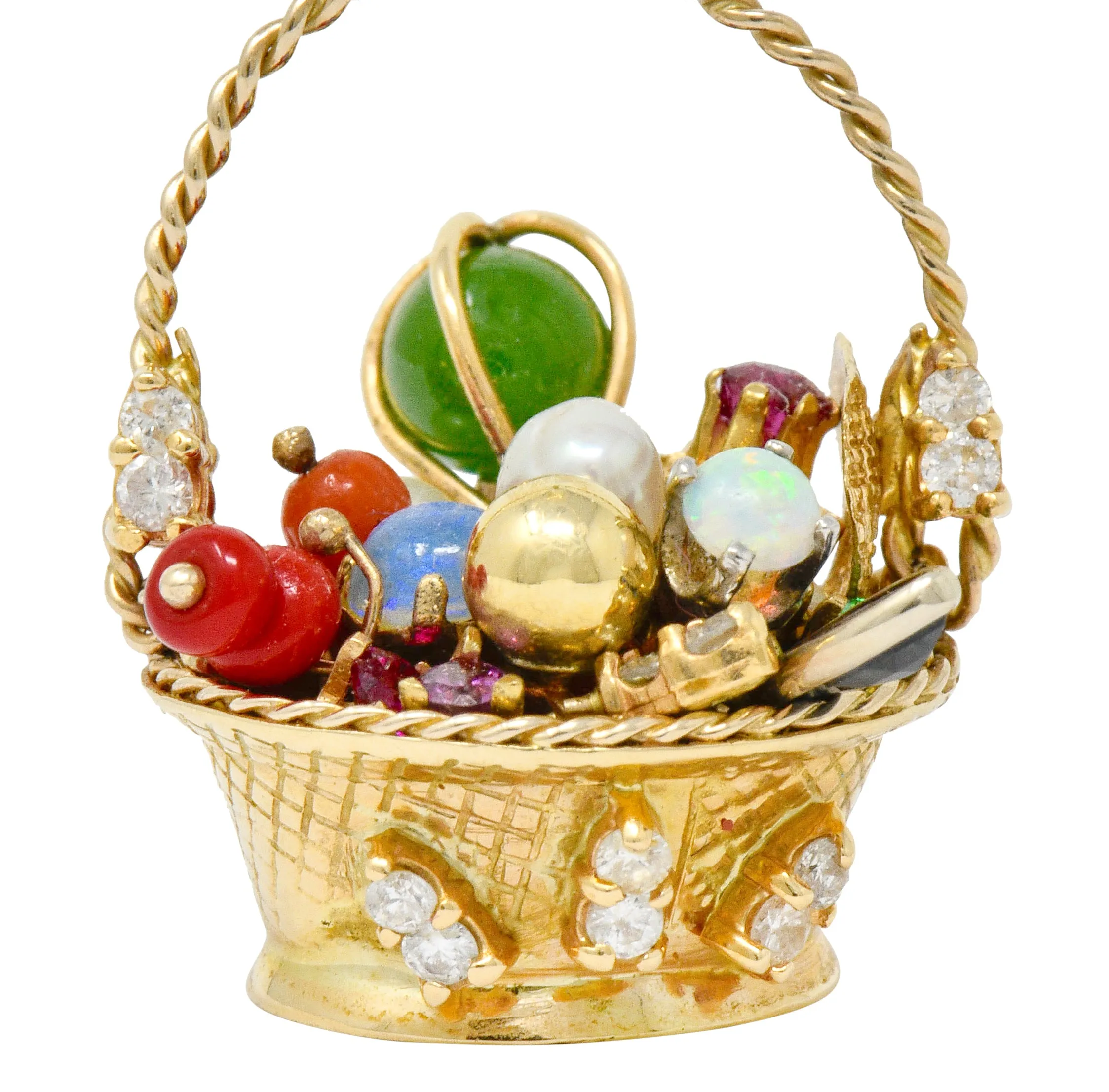 Retro 14 Karat Gold Fruit Basket Pendant Charm with Multi-Gem Diamond Sapphire Opal