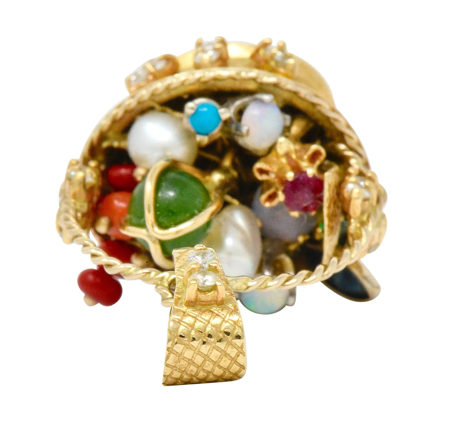 Retro 14 Karat Gold Fruit Basket Pendant Charm with Multi-Gem Diamond Sapphire Opal