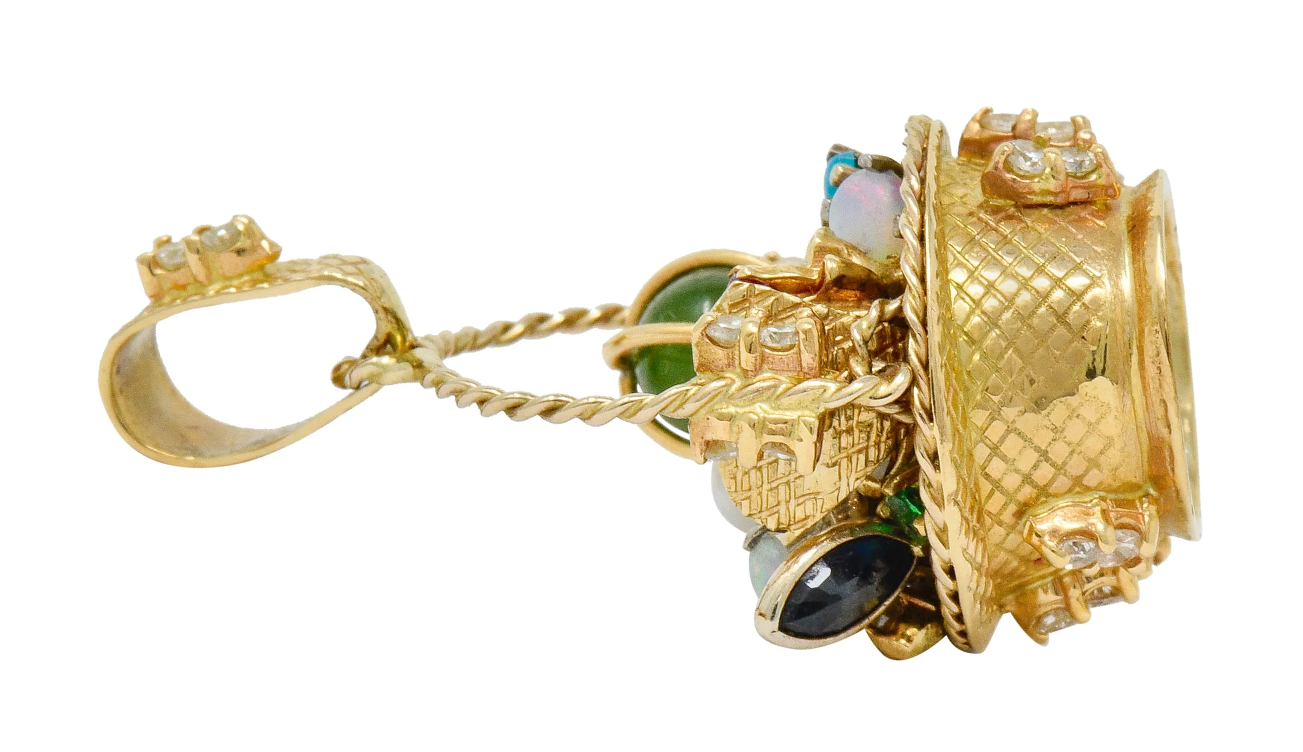 Retro 14 Karat Gold Fruit Basket Pendant Charm with Multi-Gem Diamond Sapphire Opal