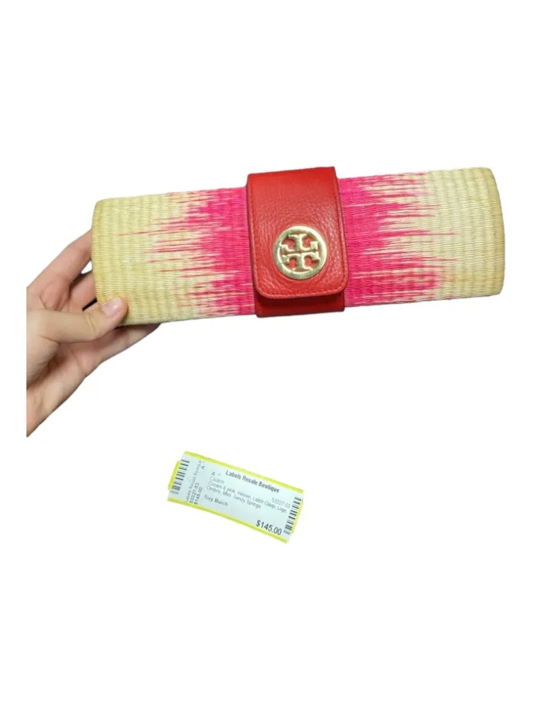 Tory Burch Cream & pink Woven Latch Clasp Logo Ombre Mini Clutch