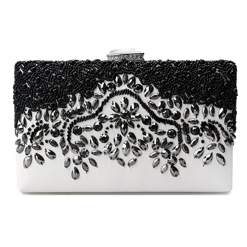 White Black Vintage Beaded Diamante Floral Jewels Clutch Bag Retangular Jewelry Box