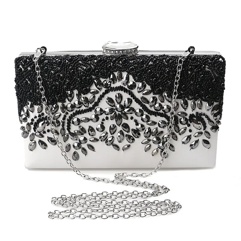 White Black Vintage Beaded Diamante Floral Jewels Clutch Bag Retangular Jewelry Box