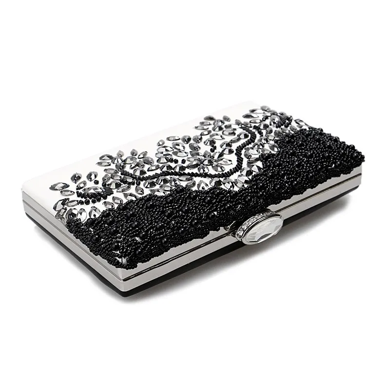 White Black Vintage Beaded Diamante Floral Jewels Clutch Bag Retangular Jewelry Box